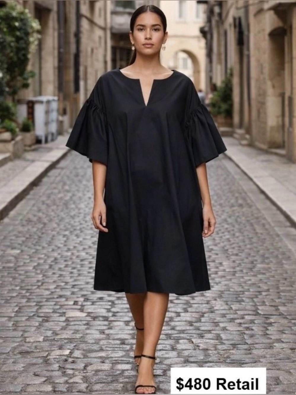 Black V-Neck Shift Dress with Flutter Sleeves
